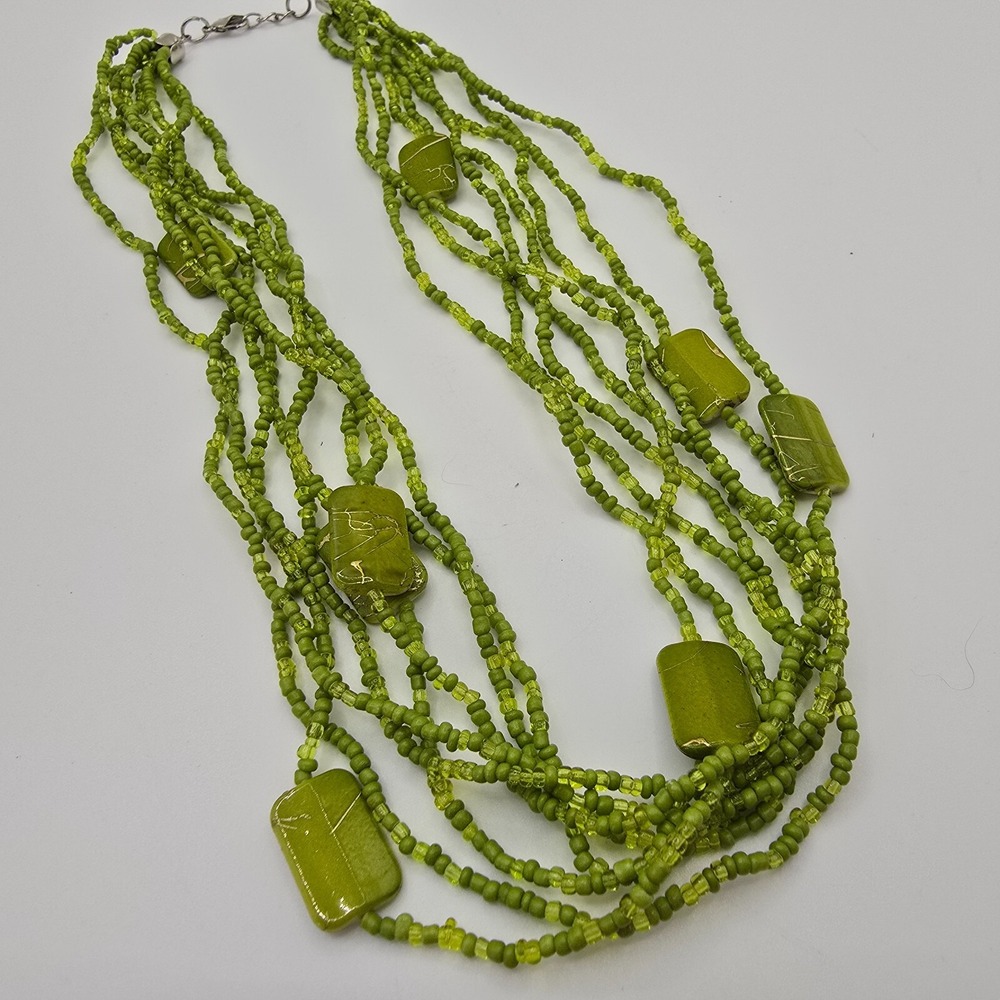 Multi Strand Green Glass Seed Bead Chunky Statement Necklace Layered‎ Boho